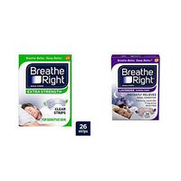 Breathe Right Extra Strength Nose Strips to Reduce Snoring and Relieve Nose Congestion, Drug-Free, Pack of 26 & Breathe Right Nasal Strips to Stop Snoring, Calming Lavender, 26 Count (Pack of 1)