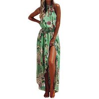 Danhjin Women Lace Patchwork Floral Print Chiffon Summer Beach Irregular Maxi Dress with Belt Green