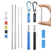 Yagote Reusable Collapsible Straws with Aluminum Case Cleaning Brush Keychain Silicone Tip Stainless Steel Drinking Straw for Home, Travel, Office (2 Packs-Black+Blue)