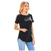 Meikosks Women's Leopard Short Sleeve Patchwork T Shirt Splice Tops Casual Blouses Classic Fit Tee Black