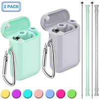 Henva 2 Pack Reusable Collapsible Straws for Kids Adult, BPA Free and Food-Grade Silicone Drinking Straws with Portable Keychain Case and Cleaning Brush for Juice, Coffee and Smoothie, Ocean Blue/Gray