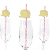 Gold Glitter Pink Elephant Party Straws - No-Mess Real Gold Glitter Cut-Outs and Decorative Girl Baby Shower or Birthday Party Paper Straws - Set of 24