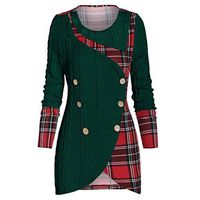 Coupondeal Plus Size Women O-Neck Long Sleeve Plaid Botton Pachwork Asymmetric Tops Sweater(Green,XXL)
