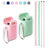 Yoocaa Reusable Silicone Collapsible Straws - 2 Pack Portable Drinking Straw with Colorful Carrying Case and Cleaning Brush, BPA Free - Pink Green