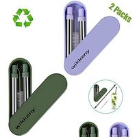 Reusable Collapsible Straws,Stainless Steel Metal Foldable Straw, Folding Straws Portable Set with Case & Cleaning Brush,2 Pack (Green & Blue)