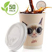 Disposable Coffee Cups With Leak-Proof Lids 12 Oz To-Go, 50-Pack Hot Paper Insulated Double Wall Cup Quality Secure-Locked Lid. Cute & Funny Cat Design, Cold/Hot Beverage Party Travel Cups.