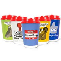 Q Cups 12oz Disposable Paper Coffee Cups with Lids, 50 Count - 5 Styles Per Pack, Designed by David Olenick - For Bake Sales, Meetings and More - Double Wall Design, Easy Cleanup… (Sarcastic)