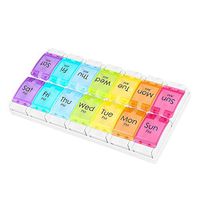 Flexzion AM PM Weekly Pill Organizer Box w/Push Button Design, Portable Color Coded Pill Tablet Vitamin Dispensers Reminders, 14 Compartment Slots Travel Medication Storage Case for Morning & Night