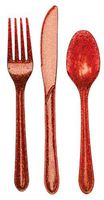 24-Piece Glitz Premium Plastic Cutlery Assortment, Red Glitter