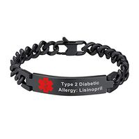 Supcare Custom Engraved Medical ID Link Chain Bracelet Jewelry Black Stainless Steel for Men, Personalized Engraveable Emergency Medical Allergy Symbol Thin Chain Bracelet for Boys/Children/Women