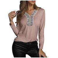 Cenglings Women's Plus Size V Neck Sequins Long Sleeve Patchwork Elastic Loose T-Shirt Party Color Block Blouse Tops Sweatshirt(Khaki,M)
