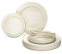 " OCCASIONS" 150pcs set (25 Guests)-Wedding Plastic Plates & cutlery -Disposable heavyweight Dinnerware 10.5'', 7.5'' + Silverware w/double fork (Ivory & Gold Rim)