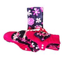 6 Washable Cloth Menstrual Pads Starter Kit With Cute Snappy Rag Bag! 4 Sizes Including 2 Pantiliner, 2 Light, 1 Heavy and 1 Overnight. Sleek, Slender and Thin, Yet Super Absorbent Stain Resistant. (Pink & Black Flowers)