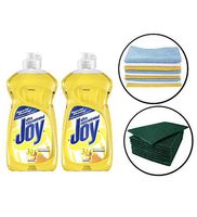 Joy Ultra Dishwashing Liquid, Lemon Scent 12.6oz, 2pk (Including 2 Pack Microfiber Towel Kitchen Cloths & 10 pc Scouring Pads) Dishwashing Liquid & Kitchen Cleaning Set
