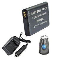 Amsahr S-BP88A Digital Replacement Battery Plus Travel Charger for Samsung BP-88A, DV200 with Lens Accessories Pouch (Gray)