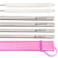 Reusable Straws with Case, Metal Straws, Stainless Steel Straws, Set of 4 with Aluminum Travel Case & Cleaning Brushes, 8.5" Straight Straw Kit, Portable Straws for Personal Use, Zero Waste (Pink)