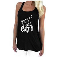 Women's Cute Sleeping Cat Print Summer Tank Tops Scoop Neck Casual Sleeveless Soft Racerback Cami Vest Blouses Shirts Amiley (X-Large, Black)