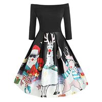 Jocund Women Christmas Dress Lovely Off Shoulder Long Sleeve Santa Claus Elk Print Vintage Dress