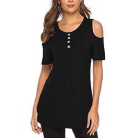 DesirePath Women Blouses and Tops Fashion Cold Shoulder Short Sleeve Comfy Soft Button Tunic Shirts (L, Black)