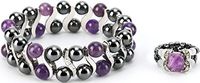 Elegant Womens Hematite Magnetic Therapy & Healing Stone Bracelet & Ring Set Pain Relief for Arthritis and Carpal Tunnel (Amethyst)