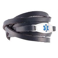 Free Custom Engraving, Casual Faux Leather Medical Alert ID Bracelet - Adjustable Size - Wrap Black - Blue