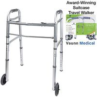 Vaunn Medical Two Button Folding Walker with Wheels, Adjustable Height and Detachable Legs (Renewed)
