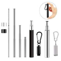 Zinuo Reusable Portable Drinking Straws Telescopic Stainless Steel Metal Straw with Metal Keychain Case and Telescopic Brushes (2 pack) (Slivery+Black)