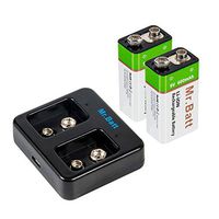 Mr.Batt 9V Batteries Lithium Ion 9 Volt Rechargeable Battereis (2 Pack) and 2 Bay 9V Smart Charger
