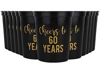 Cheers to 60 Years, 60th Birthday Party Cups, Set of 12, 16oz Black and Gold Stadium 60th Birthday Cups, Perfect for Birthday Parties, Birthday Decorations (60 Years)