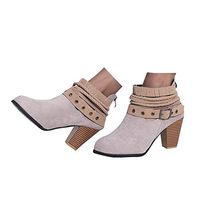 Veodhekai Women's Low Heel Boots Rivet Buckle Heel Autumn Roman Shoes Boots Ankle Boots Party Wedding Beige