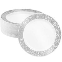 50 Plastic Disposable Dinner Plates | 10.25 inches White with Silver Lace Rim Real China Look | Ideal for Weddings, Parties, Catering | Heavy Duty & Non Toxic (50-Pack) by BloominGoods
