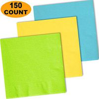 150 Lunch Napkins, Lime Green, Lemon Yellow, Island Blue - 50 Each Color. 2 Ply Paper Dinner Napkins. 6.5" folded, 13.5" unfolded.