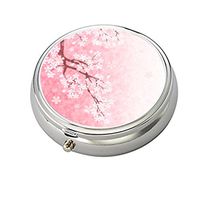 Cecillia Cherry Spring Japanese Decorative Boxes Silver Round Pill Box Medicine Tablet Holder Wallet Organizer Case for Pocket or Purse