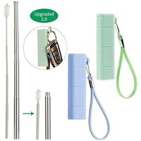 Yoocaa Metal Straws with Case, 2 pack Reusable Collapsible Straws, Foldable Pocket Straw with Cleaning Brushes & Key Chains, Green & Blue