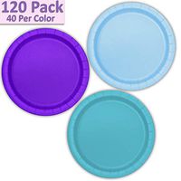 120 Paper Dessert Plates (7") - Light Blue, Neon Purple, Aqua - 40 Per Color, 3 Colors - Great Assortment for Birthday Parties, Weddings, Holidays, Baby Shower, Celebrations, and more