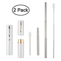 2 Pack Collapsible Reusable Stainless Steel Straw, findTop Portable Drinking Stainless Steel Straws with Carrying Case and Cleaning Brush, Silver and Gold