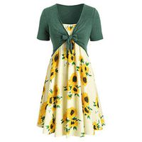 Womens Sunflower Short Sleeve Midi Dresses Bow Tie Front Bandage Suit Summer Casual Cardigan Tops Straps Mini Tshirt Dress Loose Swing Flowy Pleated Floral Sun Dress
