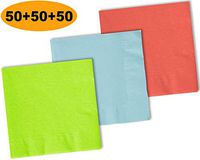 150 Beverage Napkins, Lime Green, Pastel Blue, Coral - 50 Each Color. 2 Ply Paper Cocktail Napkins. 5" folded, 10" unfolded.