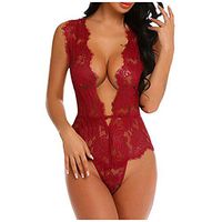 Sunhusing Women Deep V-Neck Solid Color Openwork Lace Flower Stitching Sleeveless Jumpsuit Pajamas Underwear(Wine,2XL)