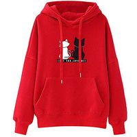 Women Sweatshirts Cat Print Long Sleeve Hoodies Casual Loose Solid Cotton Pullover Tops with Pockets Red
