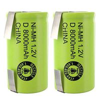 2pc D Size Rechargeable Batteries 8000mAh NiMH 1.2V w/Tabs for use with electric razors, toothbrushes, high power static applications (Telecoms, UPS and Smart grid), electric tools, electric mopeds