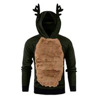 ✦ HebeTop ✦ Men Autumn Winter Cosplay Xmas Hoody Reindeer Feather Hooded Christmas Plus Velvet Fur 3D Blouse Top Army Green