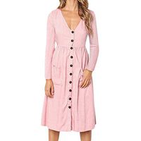 SRYSHKR Women Solid V Neck Button Dress Long Sleeve Pocket Casual Beach Long Maxi Dress(L, Pink)