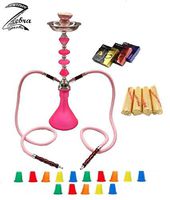 Zebra Smoke Series: 21" 2 Hose Medium Jewel (A1) Hookah Complete Set Combo KIT w/ Instant Charcoal (Like Three Kings Charcoal), Zebra smoke: Joker series (like Blue Mist), and Hookah Mouth Tips (PINK)
