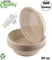 600 Count - 24oz Round Disposable Bowls with Lids and Cutlery - Natural Sugarcane Bagasse Bamboo Fibers Sturdy Compostable Eco Friendly Environmental Paper Plastic Bowl Alternative - Fork,Spoon,Knife