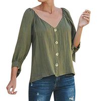 Giulot Women's Waffle Knit Tunic Blouse 3/4 Sleeve Tie Knot Henley Tops Loose Fitting Bat Wing Plain Shirts Army Green