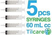 60ml Catheter Tip Syringe with Covers 5 Pack by Tilcare - Sterile Plastic Medicine Food Droppers for Children, Pets or Adults – Latex-Free Oral Medication Dispenser - Large Feeding Tube Syringes
