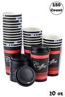 Extra Large 20 oz 150 Count by EcoQuality - Classic Durable Disposable Paper Cups & Black Dome Lids For Hot/Cold Drink, Coffee, Tea, Cocoa, Travel - 20 Ounce Cups, 150 Count Cups & 150 Black Lids