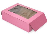 Bakery Boxes - 14x10x4" Pink Window Bakery Boxes 1 - Piece Lock Corner Scallop Window - (100 Per Pack) - WRAPS-BBPKW14104