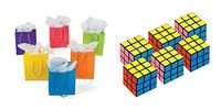 Set of 12 Amscan Small Bright Neon Paper Gift Party Bags and 2 Set of 6 Amscan Party Favors Puzzle Mini Cube bundled by Maven Gifts
